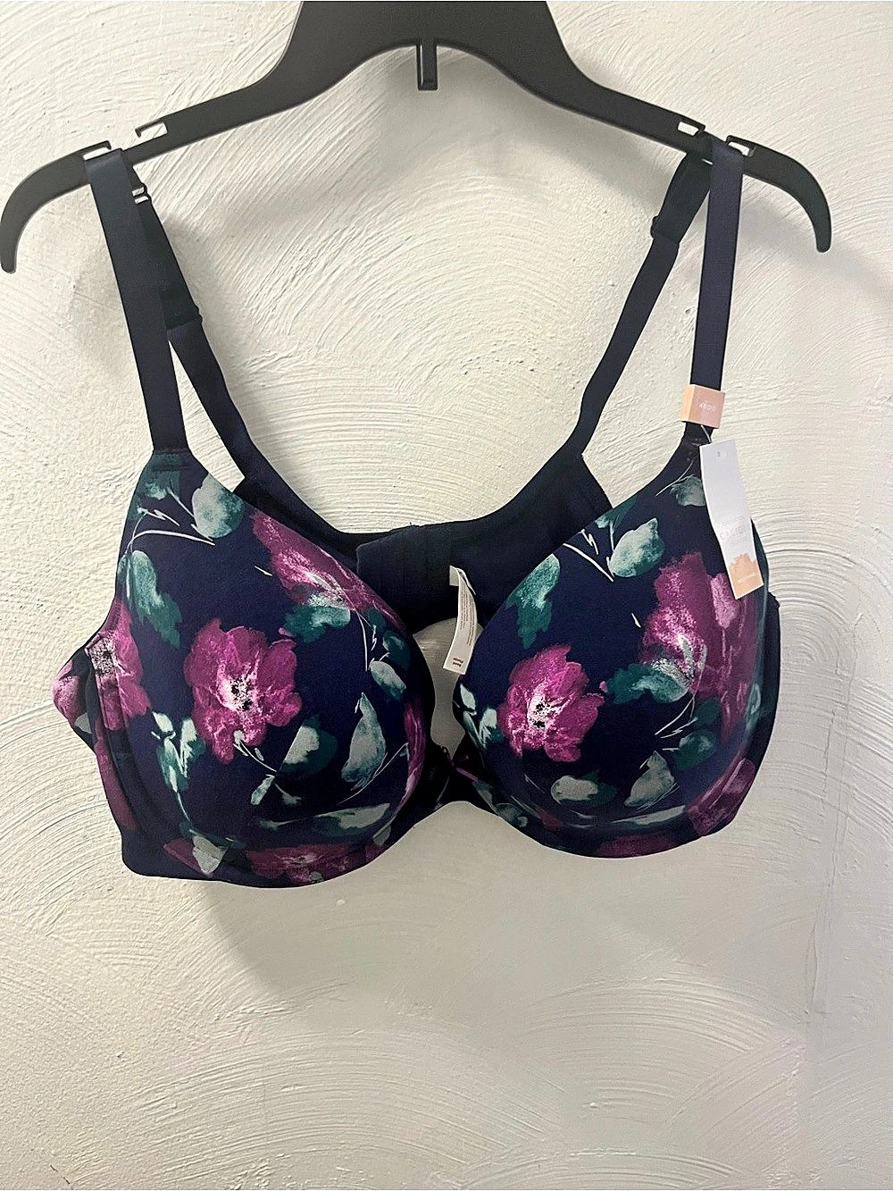 Cacique The Cotton Collection Boost Plunge Bra Floral Purple & Black 46DD NWT